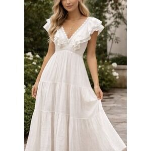 Aura Dress Womens Small White Ruffle Maxi Boho Flutter Sleeve Beach Wedding